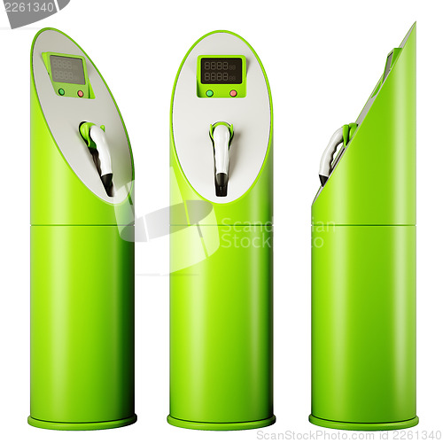 Image of Eco fuel and energy: three charging stations for vehicles