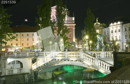 Image of Three Bridges Ljubljanica River Preseren Square Ljublajana Slove