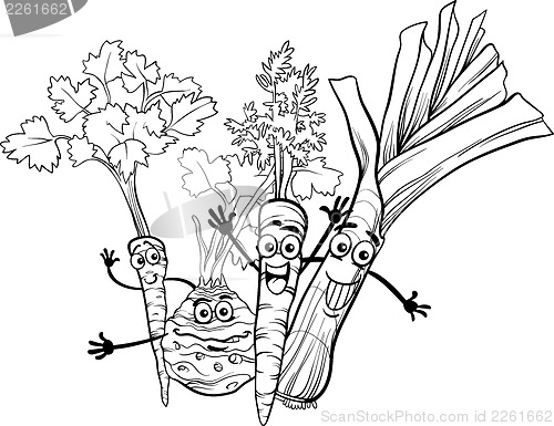 Image of cartoon soup vegetables for coloring book