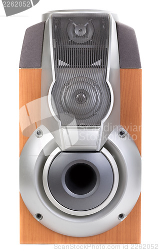 Image of Wooden sound speaker on white background
