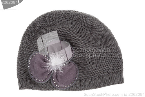 Image of Female gray knitted cap with ornament