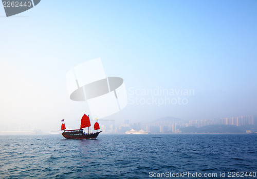 Image of Sailboat sailing in victoria harbor at Hong Kong