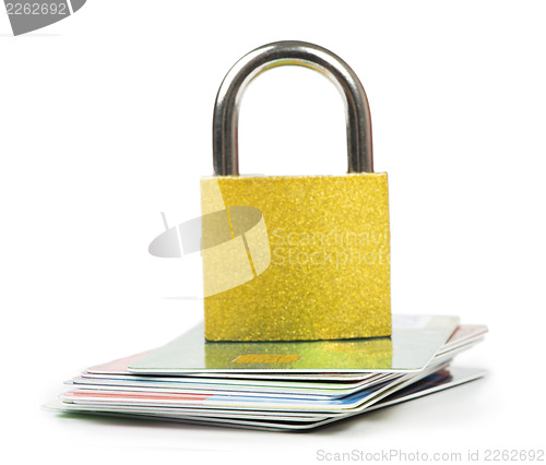 Image of Grey locked padlock and credit cards.