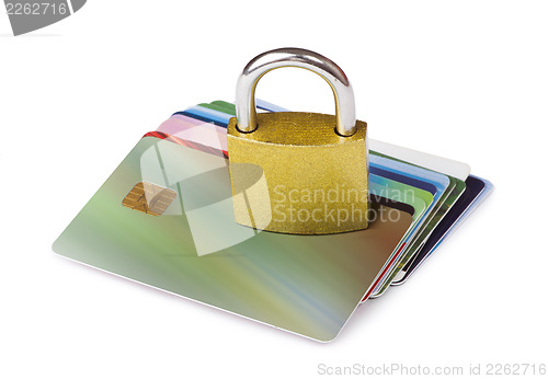 Image of Grey locked padlock and credit cards.