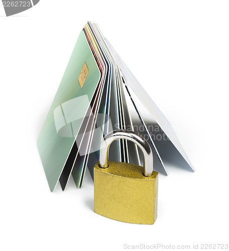 Image of Grey locked padlock and credit cards.