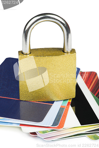 Image of Grey locked padlock and credit cards.