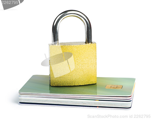 Image of Grey locked padlock and credit cards.