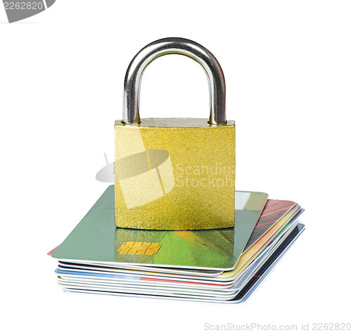 Image of Grey locked padlock and credit cards.