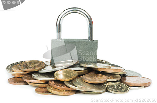 Image of Grey locked padlock and coins