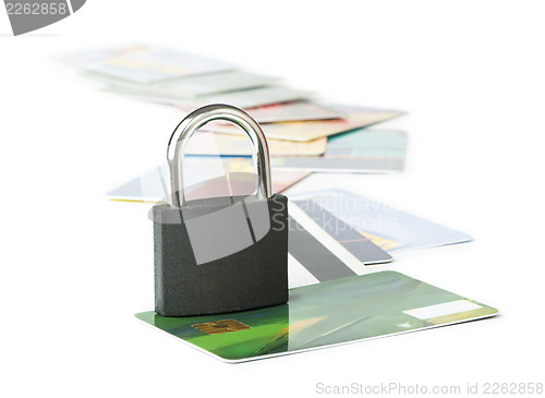 Image of Grey locked padlock and credit cards.