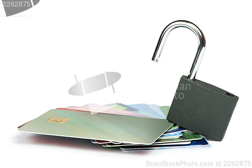 Image of Grey locked padlock and credit cards.