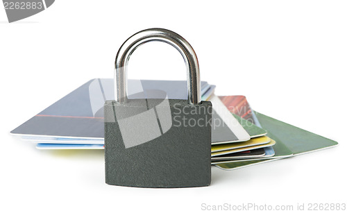 Image of Grey locked padlock and credit cards.