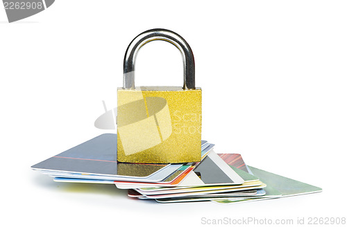 Image of Grey locked padlock and credit cards.