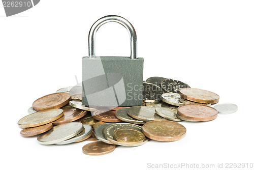 Image of Grey locked padlock and coins