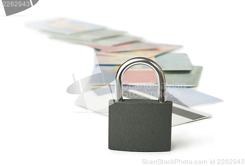 Image of Grey locked padlock and credit cards.