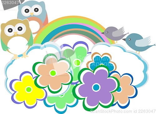 Image of Background with owl, birds and cloud