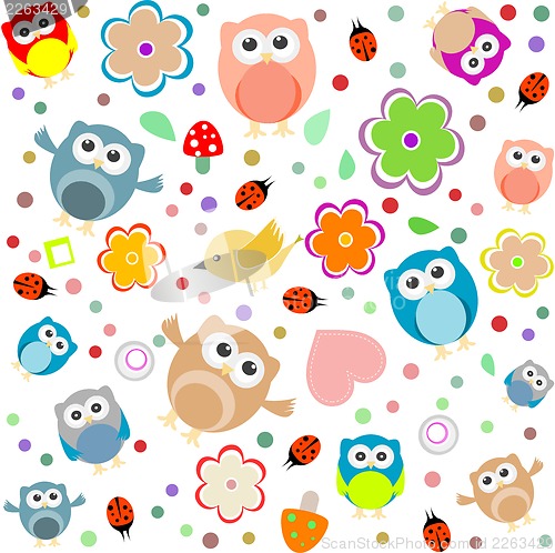 Image of Bright background with owls, leafs, mushrooms and flowers