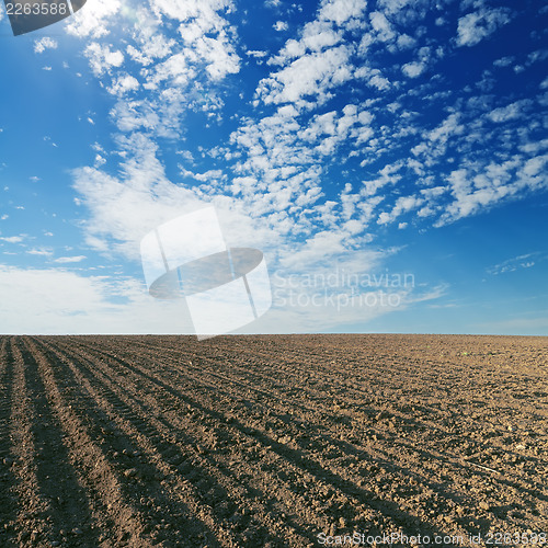 Image of black cultivated field and blue sky