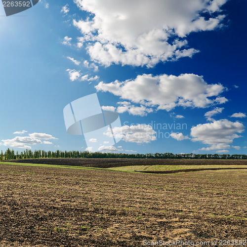 Image of black ploughed field under deep blue sky with clouds