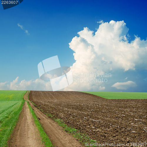 Image of dirty road near green and black field under cloudy sky