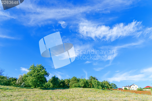 Image of summer landscape of green forest with bright blue sky