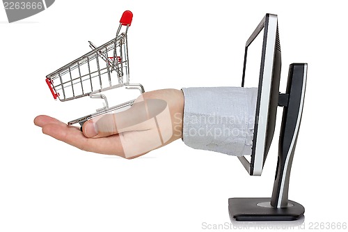 Image of Computer monitor and hand with shopping cart 