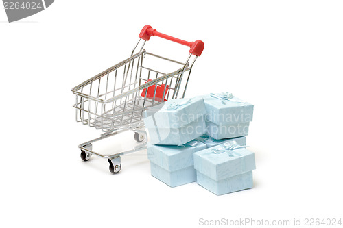 Image of Shopping cart with cyan gift boxes 