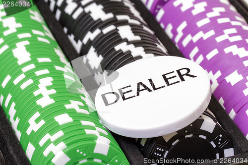 Image of Set of poker chips and dealer button