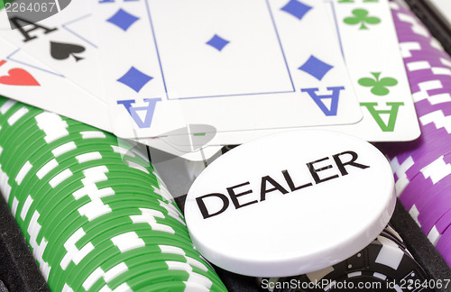 Image of Set of poker chips, cards and dealer button