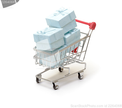 Image of Shopping cart with cyan gift boxes 