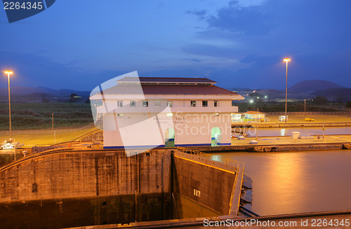 Image of The Miraflores Locks in the Panama Canal in the sunset