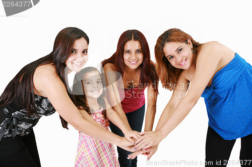 Image of Group of young people with hands together - family concepts