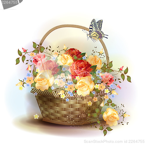Image of Wicker basket with roses. Victorian style.