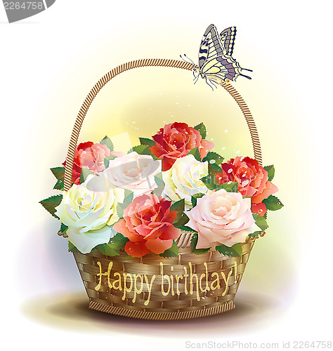 Image of Wicker basket with roses. Birthday card.