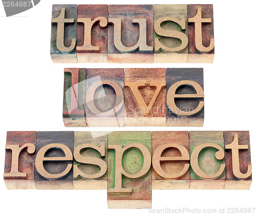 Image of trust, love, respect in wood type