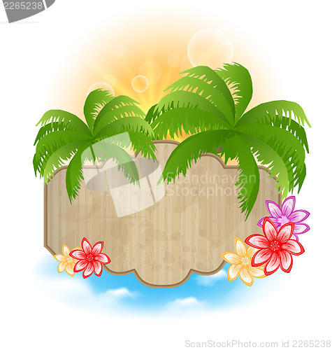 Image of Wooden signboard with palms and flowers on the seashore