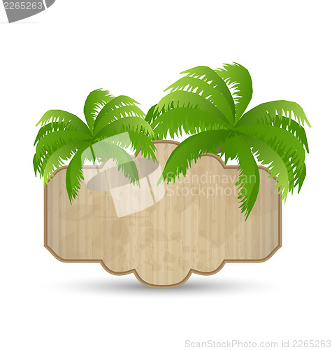 Image of Wooden advertising signboard with palms isolated