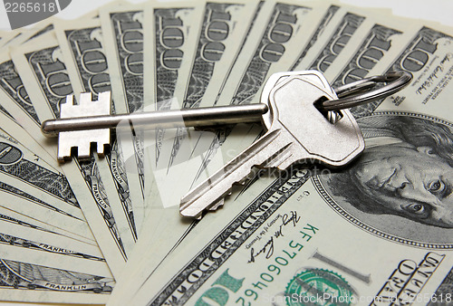 Image of keys on stack of hundred-dollar bills