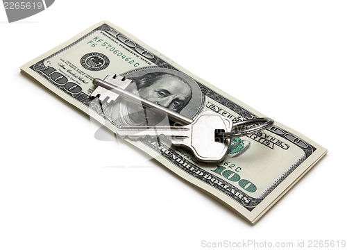 Image of keys on stack of hundred-dollar bills