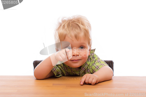 Image of Little child pointing finger to someone