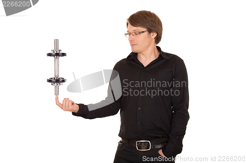 Image of Business man juggling with dumbbell