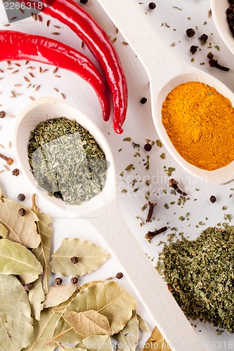 Image of red peppers and other kind of spices in spoons