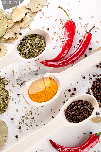 Image of red peppers and other kind of spices in spoons