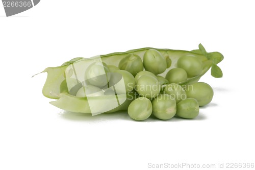 Image of Ripe pea vegetable with green leaf isolated on white background