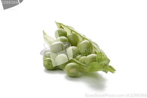 Image of Ripe pea vegetable with green leaf isolated on white background