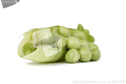 Image of Pods of green peas with leaves on white background.