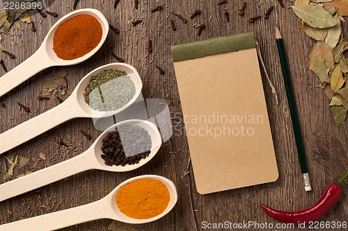 Image of peppers, spices in spoons, notebook and pencil