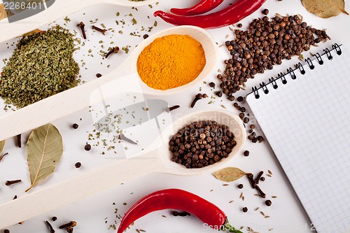 Image of notebook, red chilli pepper, spices in spoons