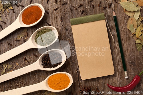 Image of peppers, spices in spoons, notebook and pencil