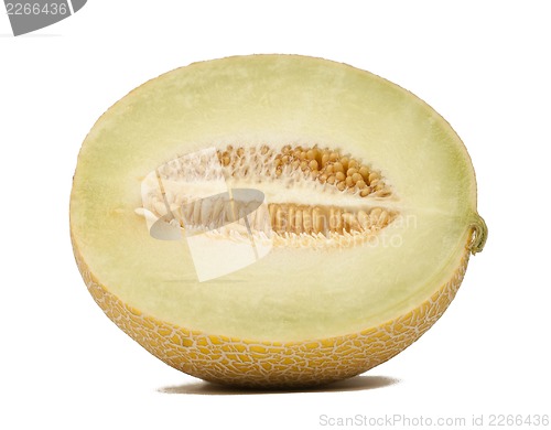 Image of Half a honeydew melon on a white background.